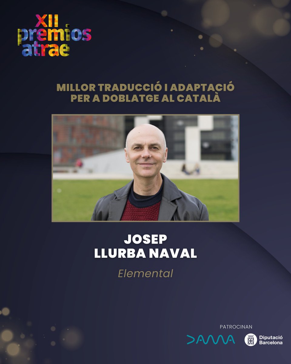 ATRAE (@atrae_org) on Twitter photo <a href="/ClaudioSensasao/">Claudio Serrano M.</a> <a href="/neihei/">Nerea Alfonso</a> <a href="/EvaGarcesReb/">Eva Garcés</a> <a href="/marcgomezd/">Marc Gómez Domènech</a> <a href="/BOSCHMENDEZ/">EDUARDO BOSCH MENDEZ</a> <a href="/raquelnasverzas/">Raquel Uzal</a> @AuletM <a href="/alvilalt/">Albert Vilalta</a> <a href="/quicorb/">Quico Rovira-Beleta</a> 🧲Millor doblatge al català #XIIPremiosATRAE
Elemental: Josep Llurba Naval
Pels jocs de paraules tan ben resolts. La pel·lícula enfila contínuament jocs de paraules relacionats amb els elements, sobretot el foc, el fum, les espurnes..., que resulten molt naturals i divertits. <a href="/ClaudioSensasao/">Claudio Serrano M.</a> <a href="/neihei/">Nerea Alfonso</a> <a href="/EvaGarcesReb/">Eva Garcés</a> <a href="/marcgomezd/">Marc Gómez Domènech</a> <a href="/BOSCHMENDEZ/">EDUARDO BOSCH MENDEZ</a> <a href="/raquelnasverzas/">Raquel Uzal</a> @AuletM <a href="/alvilalt/">Albert Vilalta</a> <a href="/quicorb/">Quico Rovira-Beleta</a> 🧲Millor doblatge al català #XIIPremiosATRAE
Elemental: Josep Llurba Naval
Pels jocs de paraules tan ben resolts. La pel·lícula enfila contínuament jocs de paraules relacionats amb els elements, sobretot el foc, el fum, les espurnes..., que resulten molt naturals i divertits.