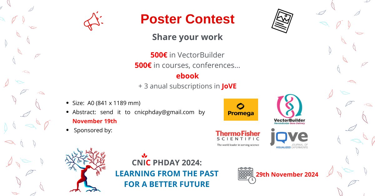 CNIC PhDay (@cnicphday) on Twitter photo 📣Showcase your work by sharing your best scientific poster with us. Amazing prizes await the top three posters🏆‼️
💻 Send your abstract to: cnicphday@gmail.com and check the guidelines at cnicphday.wordpress.com
Good luck🍀 📣Showcase your work by sharing your best scientific poster with us. Amazing prizes await the top three posters🏆‼️
💻 Send your abstract to: cnicphday@gmail.com and check the guidelines at cnicphday.wordpress.com
Good luck🍀
