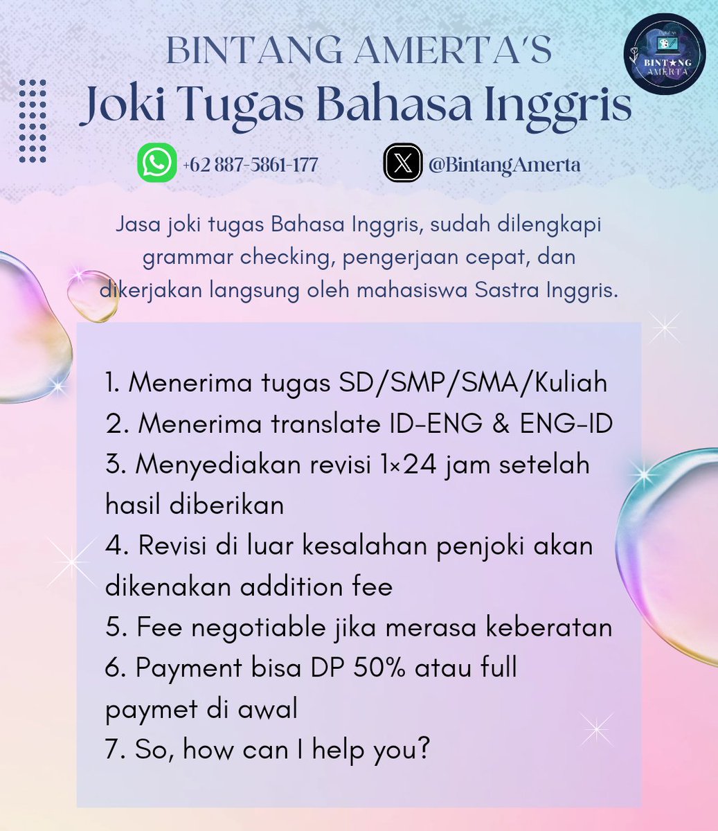 BintangAmerta's tweet image. Bintang Amerta buka jasa joki tugas Bahasa Inggris dan jasa translate dengan menyediakan layanan lengkap, termasuk pengecekan tata bahasa, pengerjaan cepat, dan hasil berkualitas.
💌 wa.me/628875861177
Testimonial?
x.com/BintangAmerta/…

#zonauang #zonaba #zonajajan