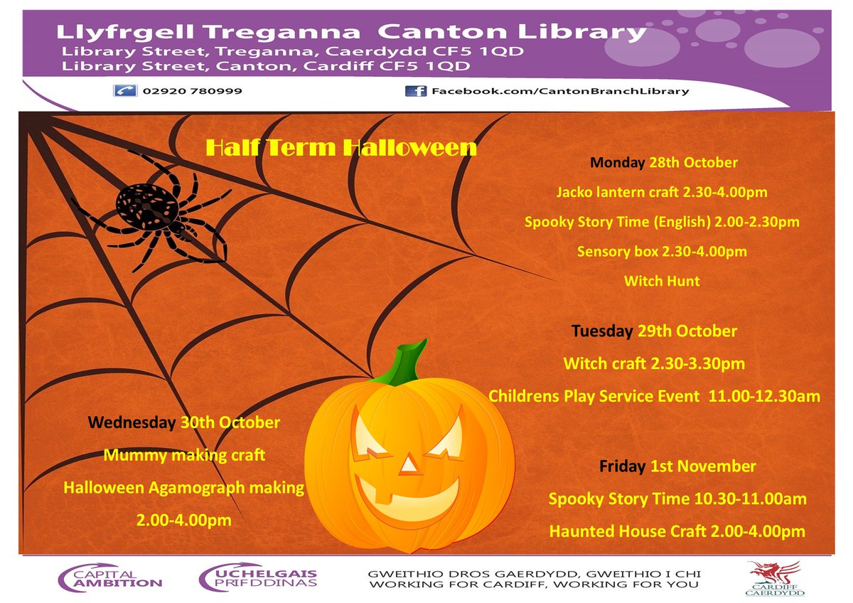 mae'n Calen Gaeaf! Ymunwch a ni yn Llyfrgell Treganna i dathlu wyl efo crefftiau Arswydus. 

Its Halloween! join us at Canton library to celerbrate  with spooky crafts.