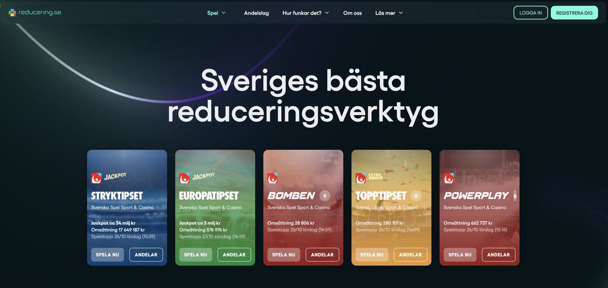 När det idag är historiens största jackpot på Stryktipset (>100% återbetalning) måste jag ändå tipsa alla igen vårt fina reducering.se!  

Superlätt att använda och höjer dina vinstchanser rejält 🚀