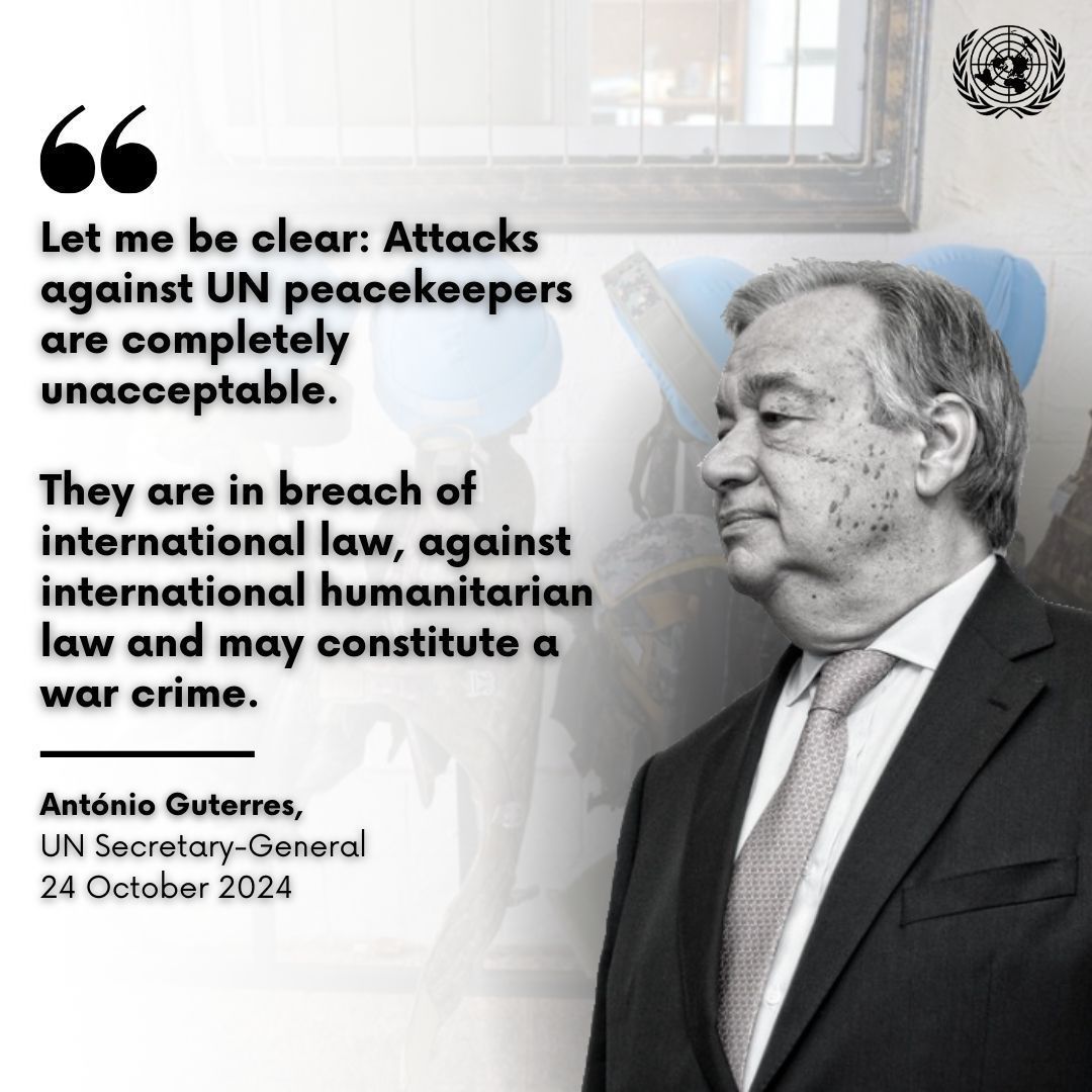 United Nations Geneva (@ungeneva) on Twitter photo "Let me be clear:
Attacks against UN peacekeepers are completely unacceptable.
They are in breach of international law, against international humanitarian law and may constitute a war crime."
- <a href="/antonioguterres/">António Guterres</a> #NotATarget "Let me be clear:
Attacks against UN peacekeepers are completely unacceptable.
They are in breach of international law, against international humanitarian law and may constitute a war crime."
- <a href="/antonioguterres/">António Guterres</a> #NotATarget