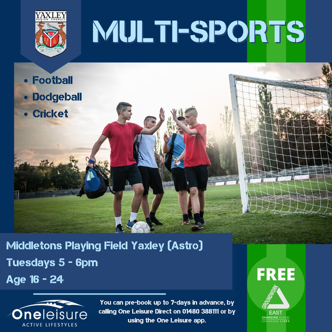 FREE sport sessions for 16-24 year olds ⚽

We are running multi-sports session at Middletons Playing Field in Yaxley, every Tuesday from 5pm-6pm.

Come along to meet new people and improve your fitness!

Book on the One Leisure app or ring 01480 388111.

<a href="/YaxleyParish/">@YaxleyParishCouncil</a> <a href="/cambscf/">Cambridgeshire Community Foundation</a>