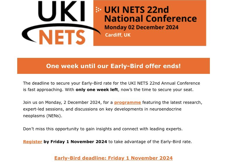 One week until our early bird offer ends for <a href="/ukinets/">UKINETS</a> 22nd National Conference. Register now! ukinets.org/uki-nets-22nd-… #neuroendocrinecancer