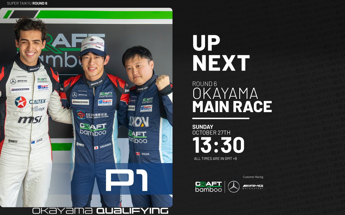 Okayama qualification done - and we are starting from P1 for tomorrow's final!🏎️🎉

Drivers Dean Chen's and Kakunoshin Ohta's combined efforts got us a pole position start  - stay tuned for the results of Sunday! 

#SuperTaikyu #スーパー耐久 #S耐 #CraftBamboo #MercedesAMG