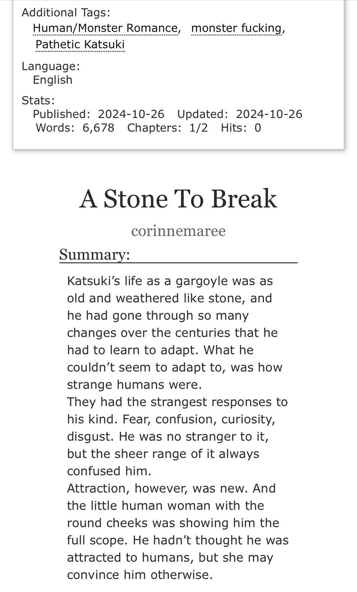 Cori π₯ @ninaahelvar on tumblr (@fragilegroundz1) on Twitter photo A Stone To Break - A NSFW Kacchako gargoyle fic
Ao3: archiveofourown.org/works/60061150β¦
Thread is also posted on my π΅βοΈ
#kacchakoween2024
<a href="/kchkween2024/">Kacchakoween 2024 π</a> A Stone To Break - A NSFW Kacchako gargoyle fic
Ao3: archiveofourown.org/works/60061150β¦
Thread is also posted on my π΅βοΈ
#kacchakoween2024
<a href="/kchkween2024/">Kacchakoween 2024 π</a>