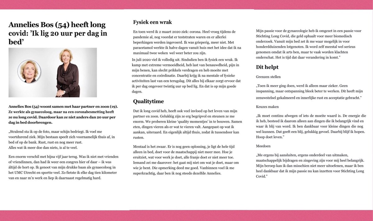 #LongCovid 🦠 20 UUR PER DAG IN BED 

✅ helaas is dat geen zeldzaamheid 
✅ portret van 🙏🏽<a href="/annelies_bos/">Annelies Bos</a> in de Telegraaf 

Dit zegt ze daar zelf over, op LinkedIn: 

‘Een leven voor en een leven na Corona.
Een leven voor en een leven na 2 maart 2020.

Dankbaar dat ik binnen mijn