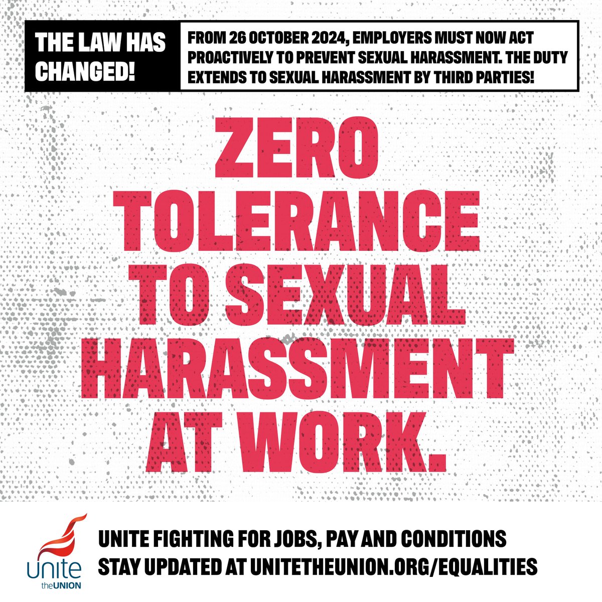 We will not hesitate to hold employers to account if they do not abide with the new sexual harassment laws that come in today. Ask you employer how they are complying? <a href="/unitetheunion/">Unite the union: join a union</a>