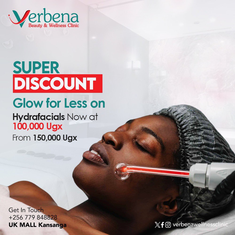VerbenaWellness's tweet photo. Glow up without breaking the bank! Our Hydrafacials are now at a super discounted rate of just 100,000 UGX. Dont miss out on this deal.

#GlowForLess #VerbenaWellnessClinic  #Discount #fyp #Hydrafacial #facials https://t.co/GdTbDMaYwl