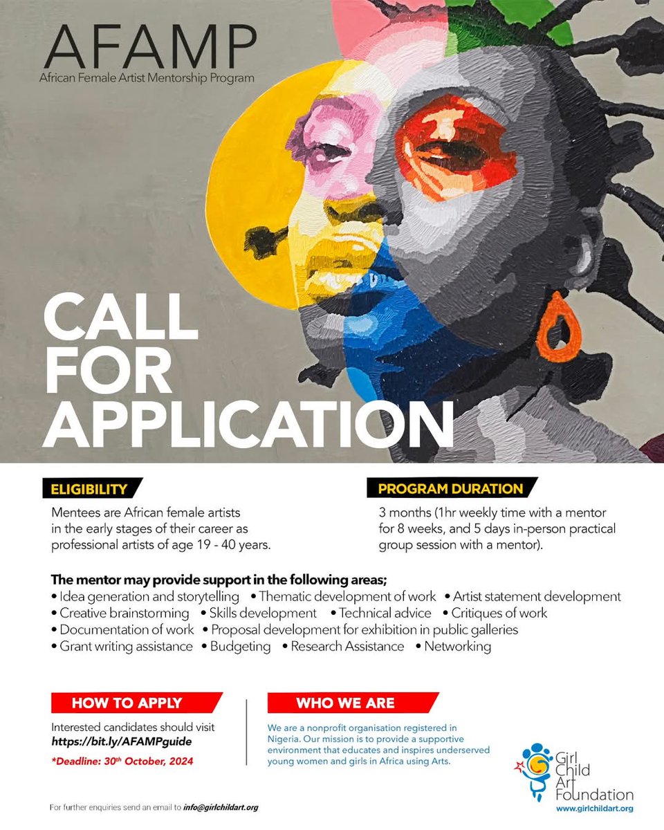 aumarchedesarts's tweet photo. APPEL À CANDIDATURES : PROGRAMME DE MENTORAT D'ARTISTE FÉMINININES AFRICAINES

DATE LIMITE : 30 octobre 2024
REMARQUE :
Les artistes féminines pratiquantes de n'importe quel pays d'Afrique peuvent postuler.
Veuillez lire attentivement l'affiche.
#AFAMP #artprojectect #artist #art https://t.co/25uhOTxnZk