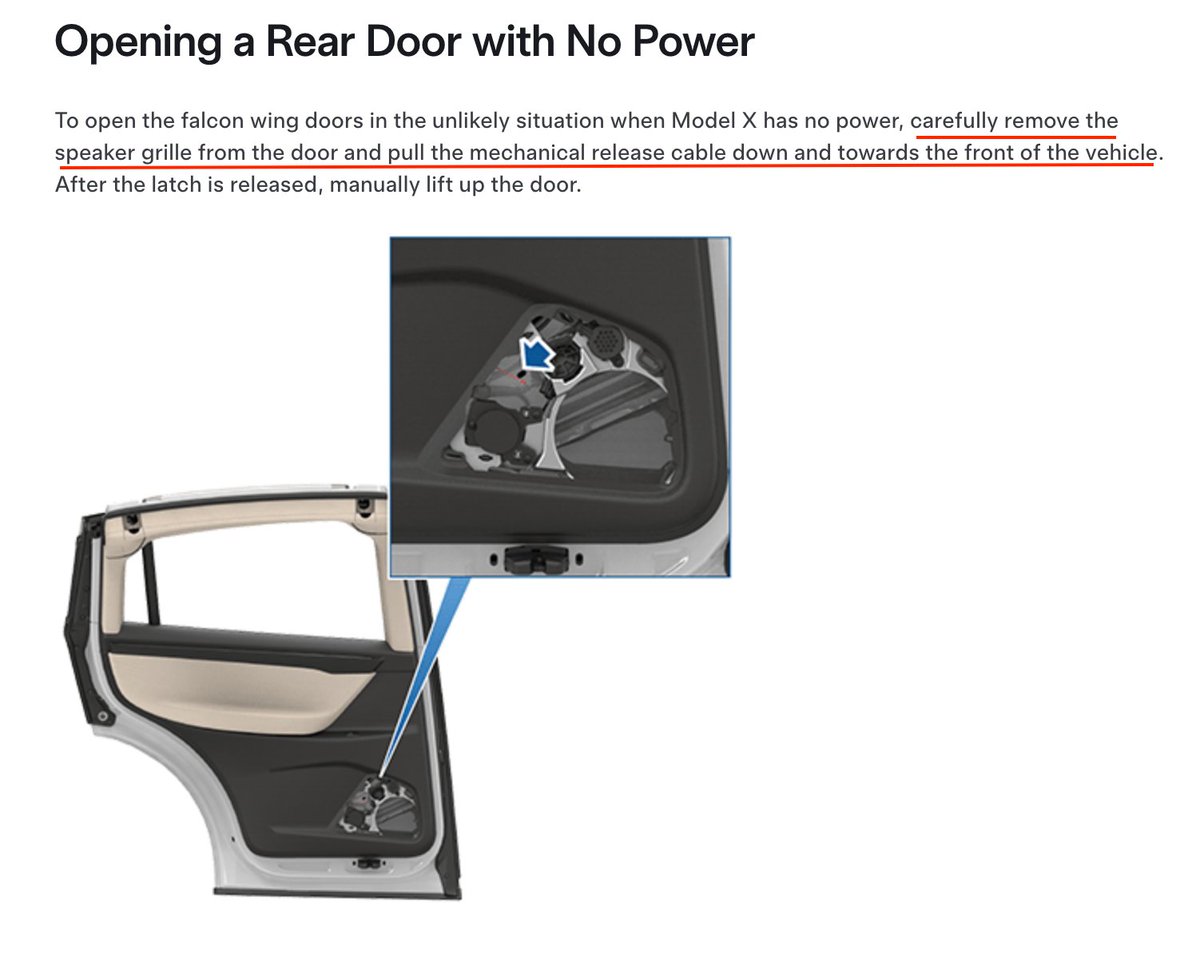 StonkKing4's tweet photo. $TSLA model X manual release
1⃣ remove speaker cover
2⃣ pull cable down, towards front

$TSLA model S manual release
1⃣ fold down carpet under seat
2⃣ pull cable towards center of vehicle

💀 30 seconds before thermal runaway burns you to death
🙏 Unless toxic smoke kills you https://t.co/kEHdRzHmJe