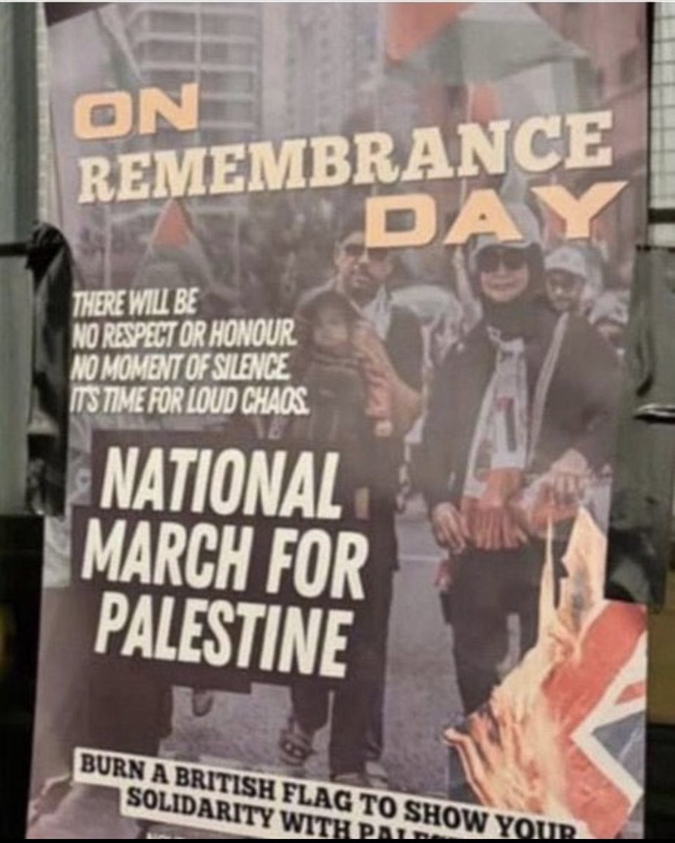 “On Remembrance Day there will be No respect or honour. No moment of Silence. Its time for loud chaos. National march for Palestine. Burn a British flag to show your solidarity with Palestine”
Britain 2024…..
<a href="/elonmusk/">Elon Musk</a> <a href="/realDonaldTrump/">Donald J. Trump</a> <a href="/StanVoWales/">Stan Voice of Wales</a> <a href="/DaveAtherton20/">David Atherton</a>