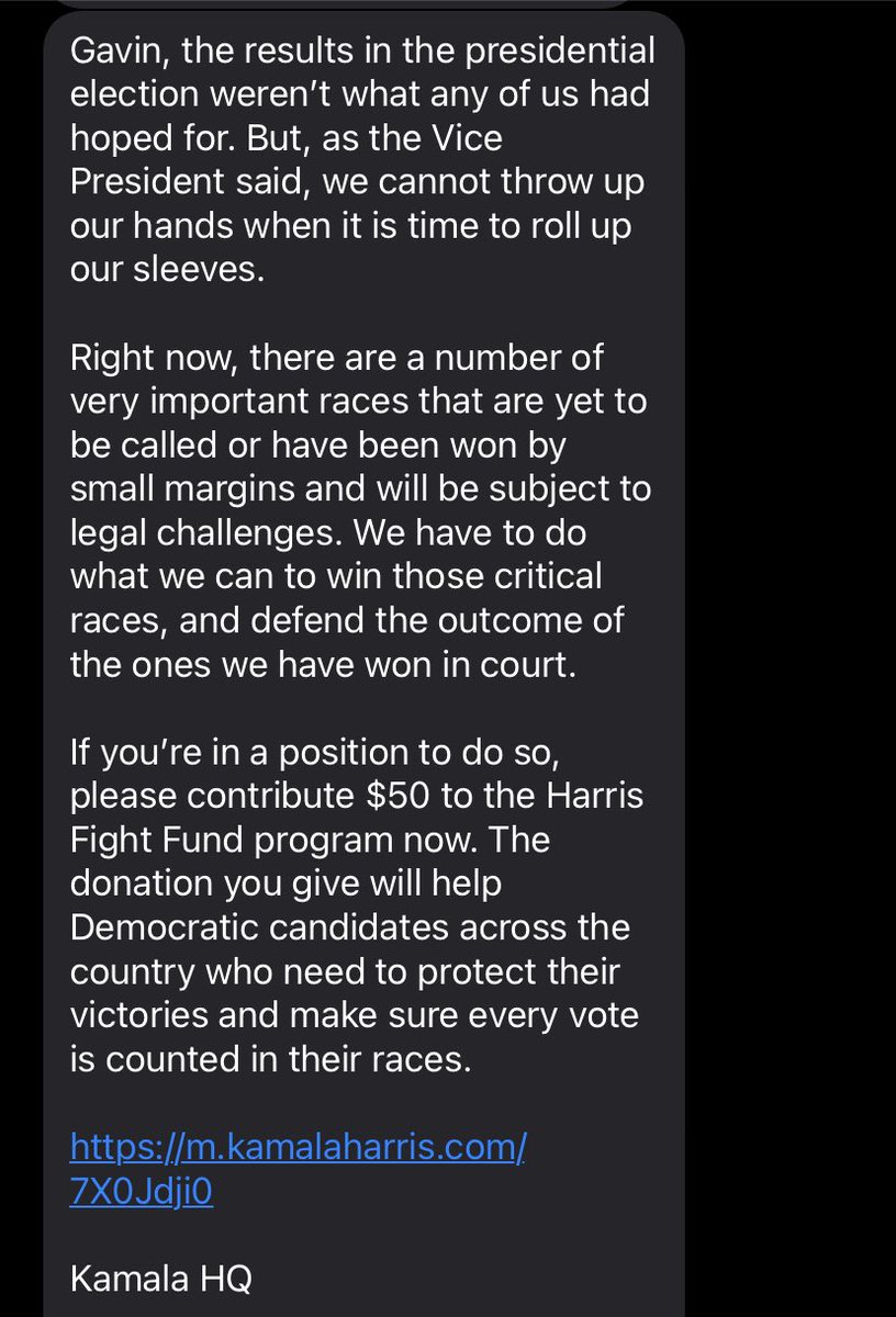 Gavin_Dass's tweet photo. @PushBidenLeft Kamala Texts I got after the election… https://t.co/QEfxbxWjBi