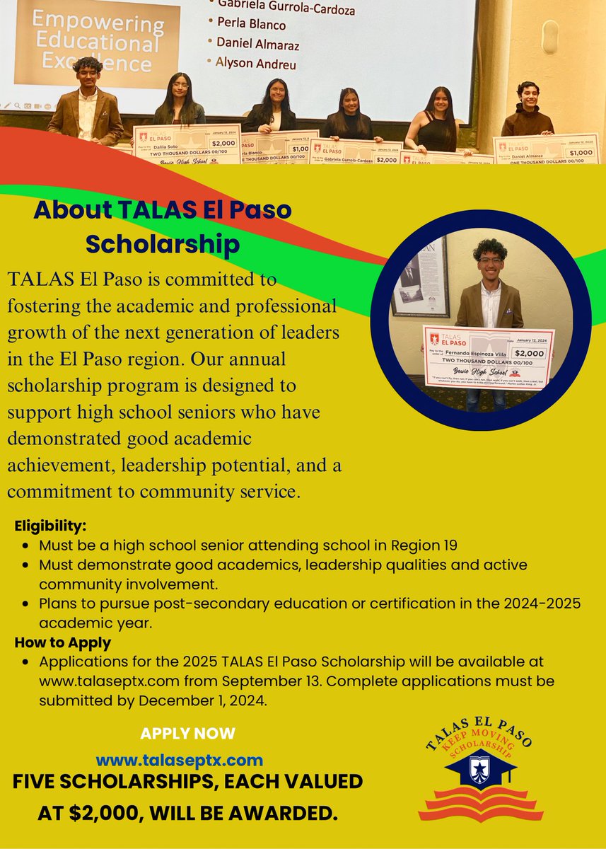TALAS_EPTX (@talas_eptx) on Twitter photo 📢 TALAS El Paso has an amazing scholarship 💰opportunity for high school seniors. Spread the word and apply at talaseptx.com. Deadline ends Dec 1st <a href="/CanutilloISD/">Canutillo ISD</a> <a href="/ELPASO_ISD/">El Paso ISD</a> <a href="/FabensISD/">Fabens Independent School District</a> <a href="/ClintISD/">Clint ISD</a> <a href="/YsletaISD/">Ysleta ISD</a> <a href="/SocorroISD/">Socorro ISD</a> <a href="/_AnthonyISD/">Anthony ISD Wildcats 🍎</a> <a href="/ESCRegion19/">ESC-Region 19</a> 📢 TALAS El Paso has an amazing scholarship 💰opportunity for high school seniors. Spread the word and apply at talaseptx.com. Deadline ends Dec 1st <a href="/CanutilloISD/">Canutillo ISD</a> <a href="/ELPASO_ISD/">El Paso ISD</a> <a href="/FabensISD/">Fabens Independent School District</a> <a href="/ClintISD/">Clint ISD</a> <a href="/YsletaISD/">Ysleta ISD</a> <a href="/SocorroISD/">Socorro ISD</a> <a href="/_AnthonyISD/">Anthony ISD Wildcats 🍎</a> <a href="/ESCRegion19/">ESC-Region 19</a>