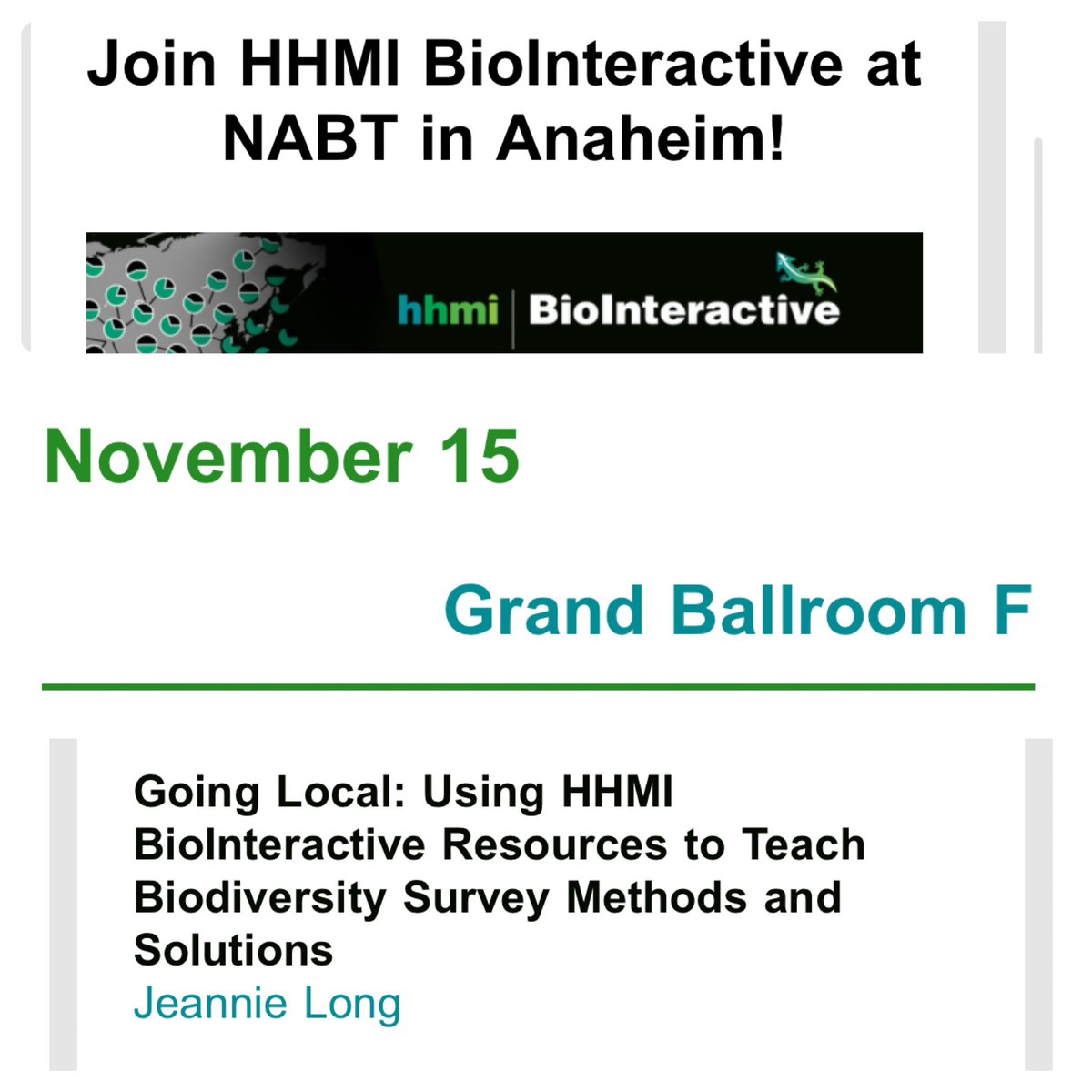 BJLongScience's tweet image. Looking forward to seeing everyone in Anaheim @NABT_News! Check out my session with @BIOINTERACTIVE #ilovescience #scienceeducators #biodiversity