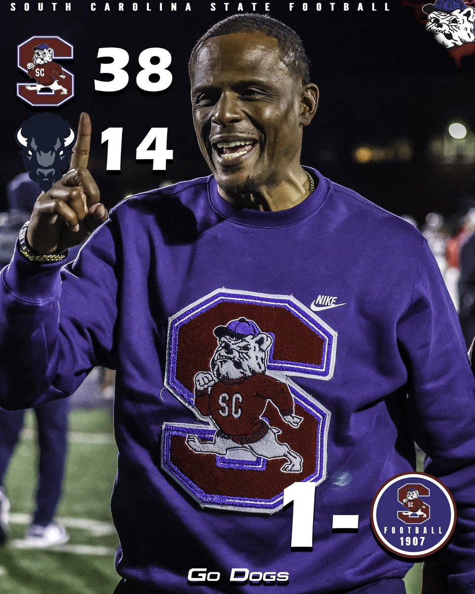 #GoDogs

Your SC STATE FOOTBALL BULLDOGS WIN against <a href="/MEACSports/">Mid-Eastern Athletic Conference</a> foe <a href="/HUBISONFOOTBALL/">HOWARD FOOTBALL</a> Howard University 38 to 14

<a href="/SCStateAthletic/">SC State Athletics</a> <a href="/SCSTATE1896/">SC State University</a> <a href="/MEACSports/">Mid-Eastern Athletic Conference</a> <a href="/coachberry77/">Chennis Berry</a> 
#PayTheFEE
#DigDEEP
#FearTheBITE
🔴🔵🐶🏈
