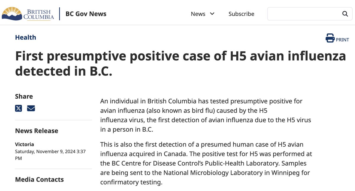 The first (presumed) human case of H5 avian influenza acquired in Canada has been reported in British Columbia. 

Details remain limited, with hopes for the individual’s full and swift recovery.

Link: tinyurl.com/3k6vnmdz