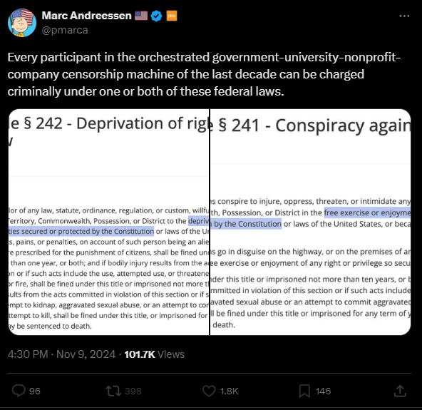 AriCohn's tweet photo. 1/ This is gobbledygook as a piece of writing (such as it is). What does he even mean by this "[kitchen sink] censorship machine]?" The specifics matter.

It's also just...wrong.

Both statutes require state action, which he does not identify because it doesn't exist. https://t.co/5tZ5QCP2Qv