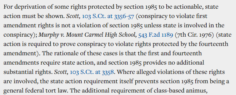 AriCohn's tweet photo. 3/ § 241, which prohibits conspiracies against rights, is foremost applicable to rights that are safeguarded against private infringement as well - and the First Amendment only restricts the government.

Under 241, First Amendment-based claims can only succeed if there is state action in the conspiracy. And government attempts to influence private actions short of coercion, especially where those actions were the independent desire and decision of the private actors, isn't going to cut it.