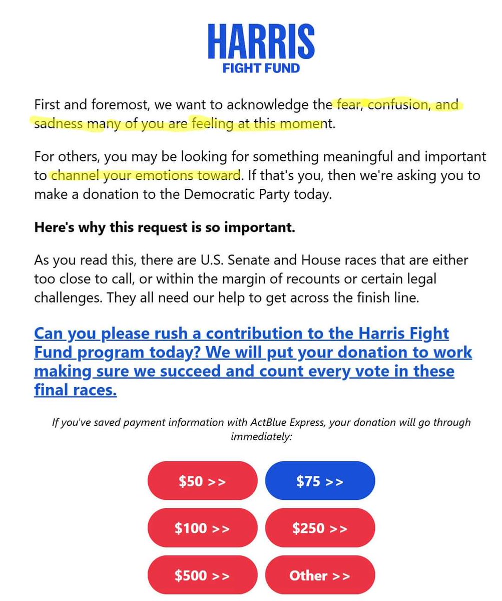 Registered life-long Democrat here.

Nope. I'll be "channel[ing] my emotions" toward blaming you for gaslighting us about Biden's cognitive health before substituting a clearly unprepared candidate at the last minute. And I do not intend to fund you to do more of the same. 

Hit