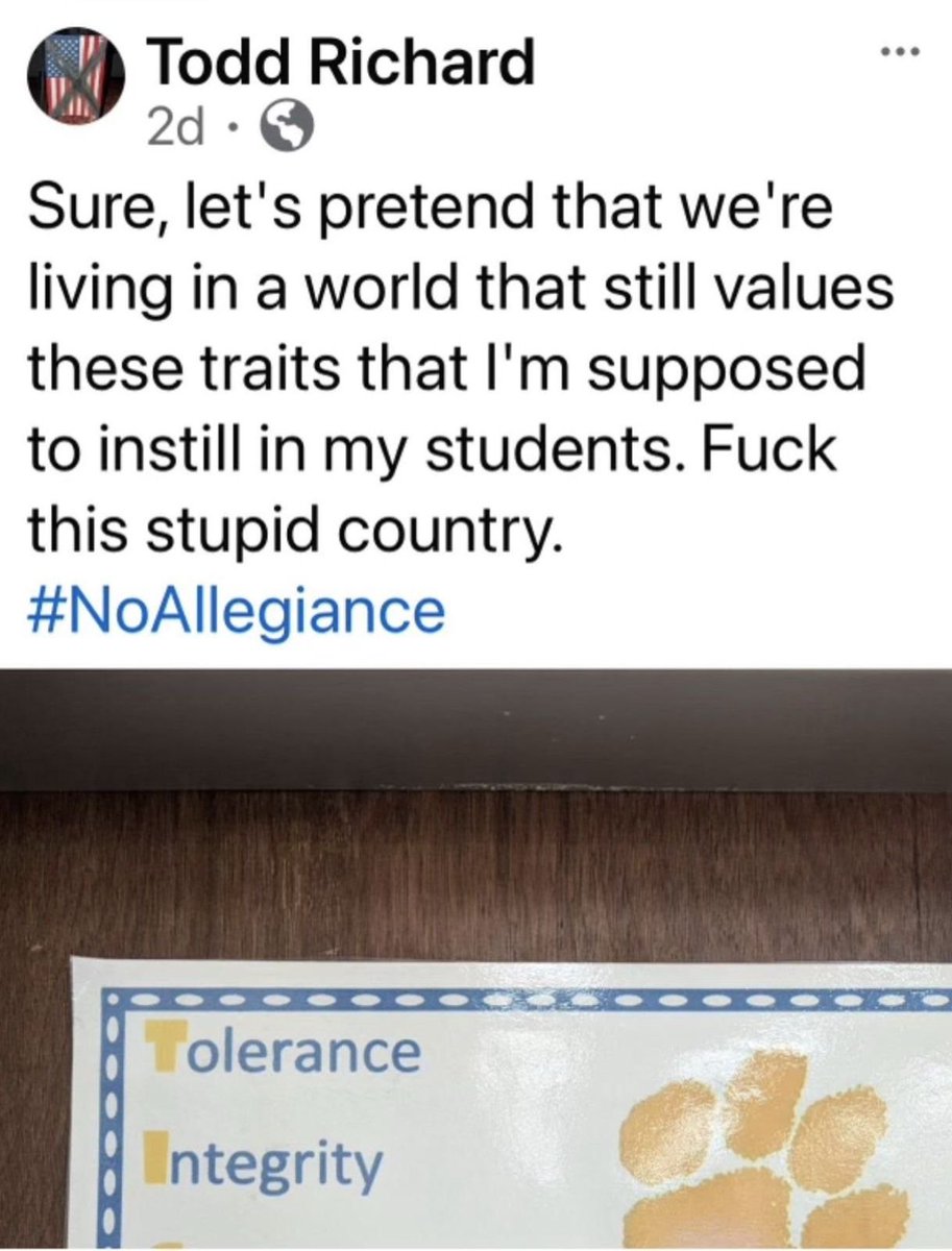 libsoftiktok's tweet photo. Meet Todd Richard, a gym teacher at Tashua Elementary School in CT who, following the election of Trump, posted online comments including "F*ck this stupid country", "No Allegiance", and "Democracy is dead. This is war."

This person is in charge of teaching your kids. https://t.co/3nSvuqL6Tv