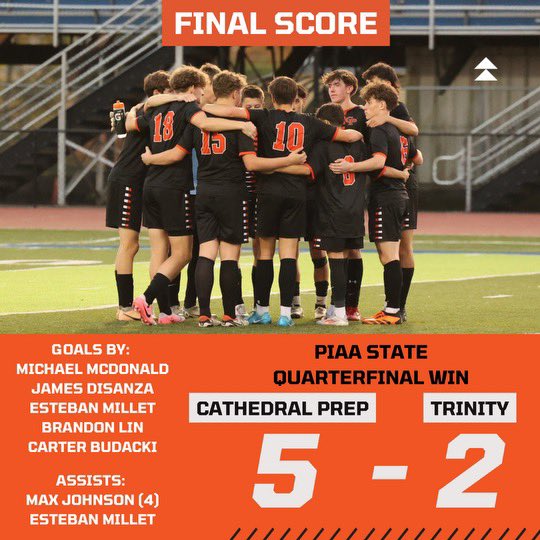 STATE SEMIS HERE WE COME!! Cathedral Prep Soccer with 4 Final Fours in the last 5 years! Huge win tonight vs a great Trinity team! Proud of the team with 5 different scorers and amazing defensive effort! Keeping the amazing Prep Soccer tradition alive! Roll Ramblers!🧡🖤⚽️