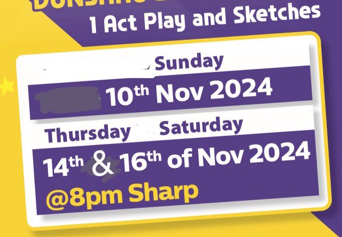 Availability for show - Sunday night tomorrow 10th of Nov and 
Then we have seats next Thur &amp; next Sat 14th &amp;16th of November #archBarDunshaughlin #comedydrama #meath 
<a href="/whatsoninmeath/">whatsoninmeath</a> <a href="/ADramaddicts/">#AmateurDramAddicts</a>