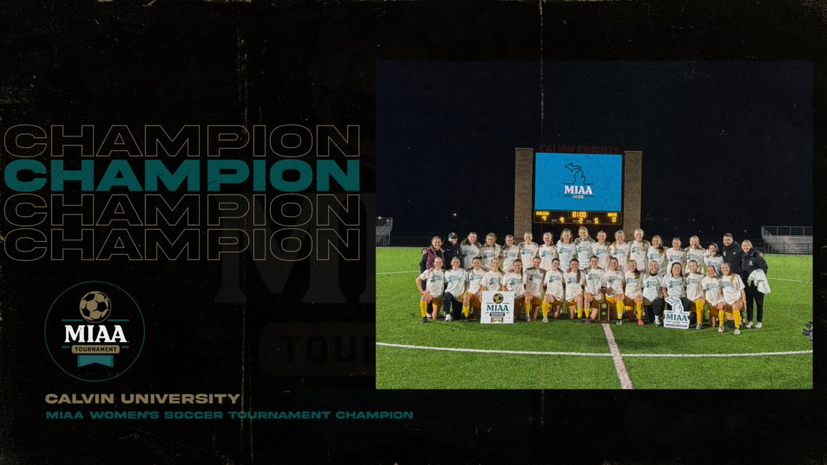 MIAA1888's tweet photo. A 4-0 shutout earns the @CalvinKnights women's soccer squad the 2024 #D3MIAA Tournament trophy and the league's automatic bid into the NCAA Tournament! ⚽

#MIAAwsoc #GreatSince1888 https://t.co/1FMCSd65tI