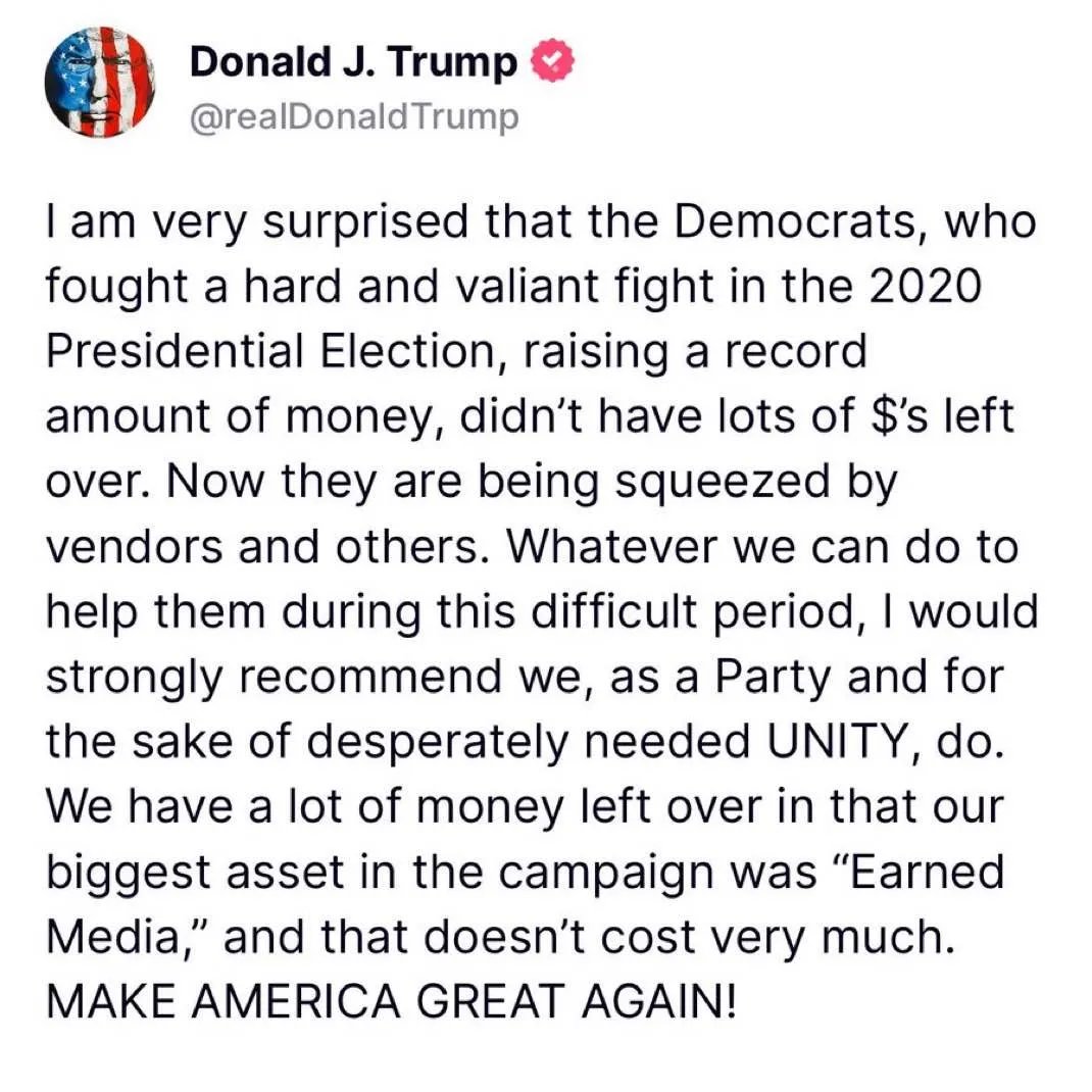 JUST IN: 🇺🇸 President-elect Donald Trump offers to pay Kamala Harris' $20 million campaign debt.
