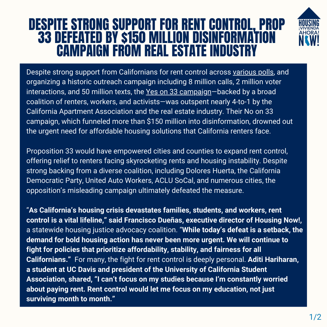 HousingNowCA's tweet photo. Our statement on the election results of #Prop33 in California, after facing a $150+ million disinformation campaign from the opposition. Statement continued under thread.

Full statement also on our website: https://t.co/F4WgiW8AP0 https://t.co/HUNEogqt1G