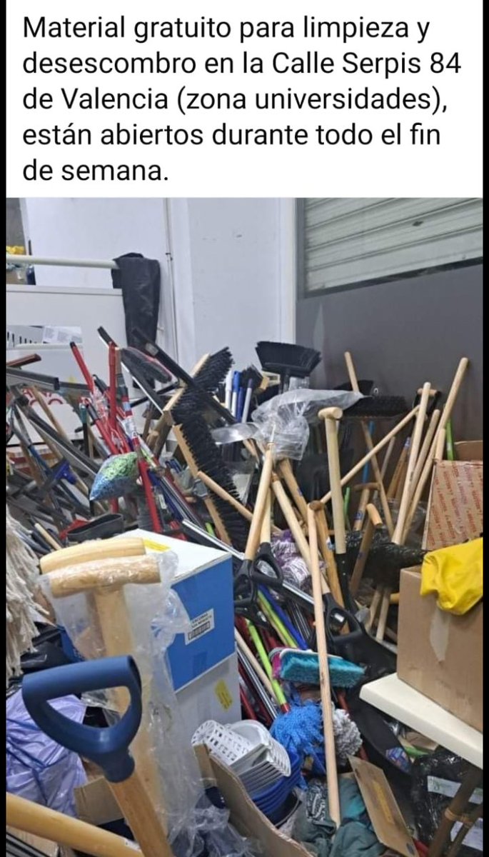 areagossosbdn's tweet photo. 🆘🆘AYUDA SOLIDARIA🆘🆘
Se ofrece material de limpieza y desescombro gratis.
C/Serpis 84 (zona universidades) #Valencia
#Dana #ayudasolidaria
📣📣📣
           👇👇👇 https://t.co/GosTWXzeCX
