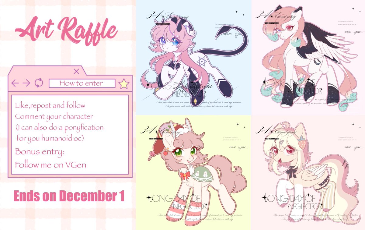 400 followers raffle time! 
The rules are listed below^^ If you did the bonus entry please let me know in the comments so I can count that for you 
The winner will get a pony fullbody 
Ends on Dec 1
My VGen: vgen.co/_Nillabean_
#artraffle #artgiveaway #raffle #mlp #mlpart