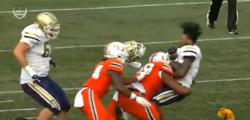 Sheesh <a href="/PatMcAfeeShow/">Pat McAfee</a> Morten Sr laid the boom on GT running back in the 3rd quarter at minute 1:27💥
#RamTrucked