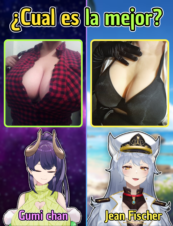 JeanFischerVT's tweet photo. 💥¡PELEA DE TETOTAS!💥
(Jamás pensé que diría eso...)

@gumichanVT me ha retado para ver quien es mejor en este curioso duelo👀
¡Ustedes lo deciden!

🟣Gumi = Like ♡
🔵Jean = RT ⟲