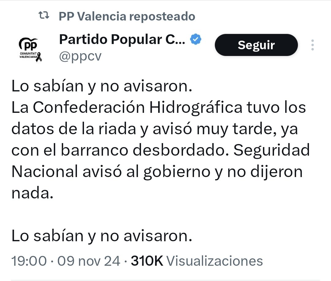 Además de una mentira obvia, este tuit es un doble insulto. Por un lado a las víctimas, por supuesto, y por otro, que es la parte más interesante, al propio votante de derechas. Todo el mundo sabe ya a estas alturas -también el votante de derechas- que la AEMET avisó, que la