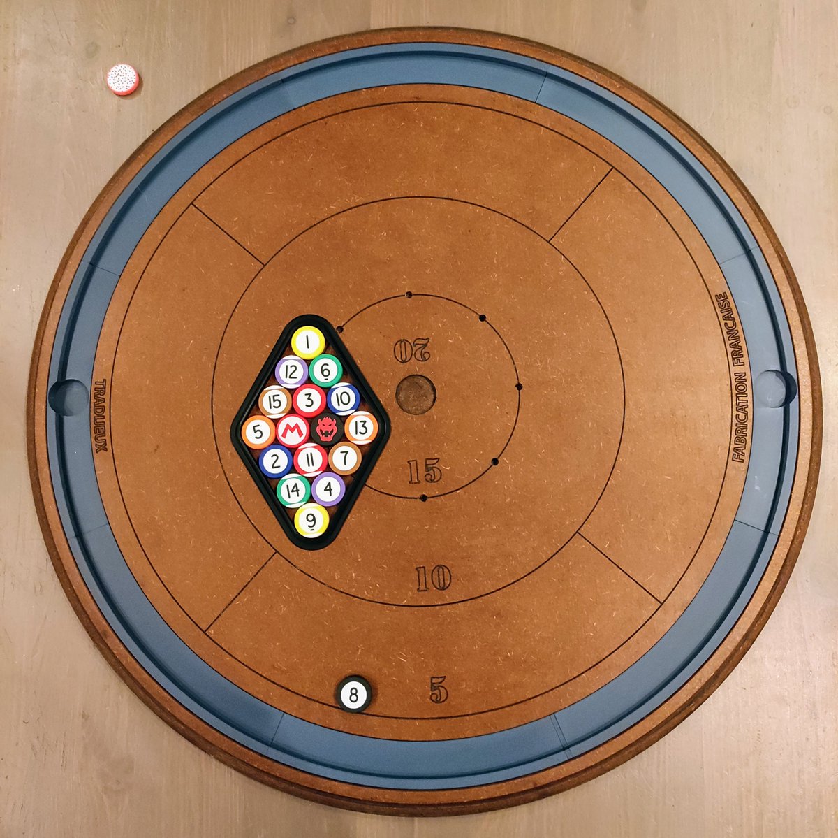 SimplefullCraft's tweet photo. OK, maybe we're taking this "Crokinole-hacking" too far 🙈 We made up some rules to play it kinda like a regular 8-pool but adapted to a flicking discs board game, and surprisingly, it's really fun! We'll see where this is going 😁 https://t.co/ZOdFC9oTyd