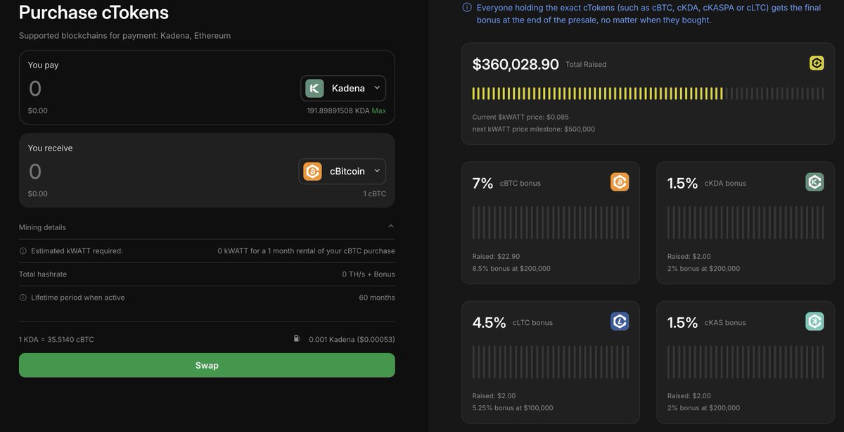 🚨 Our presale is live at chips.finance! 🚨

You can purchase cTokens today with Kadena, and we'll be rolling out support for Ethereum/Polygon purchases soon. Be sure to scroll down for our FAQ 

Pricing:
$19 per 1 TH for Bitcoin mining
$20 per 1 TH for Kadena mining