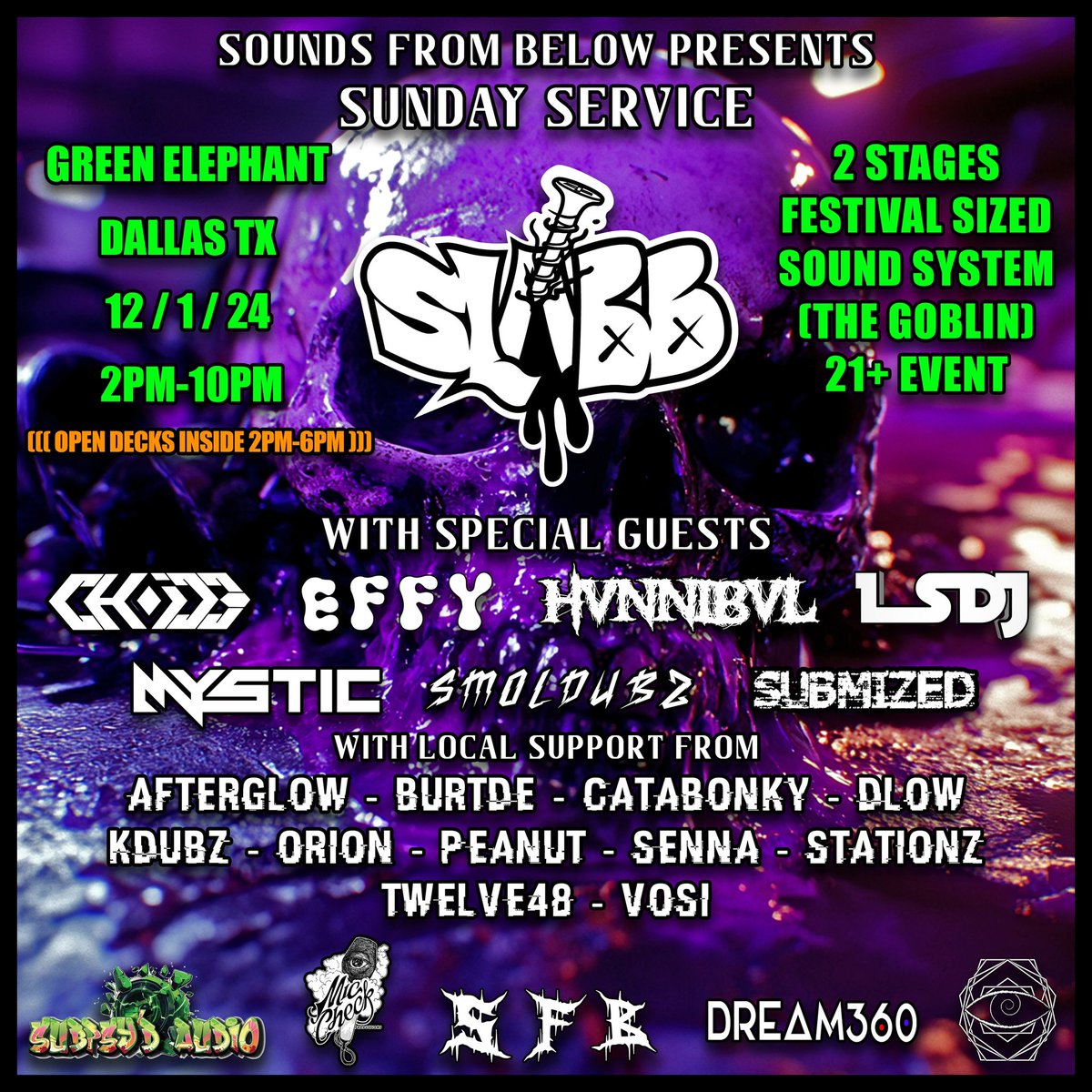 SUNDAY SERVICE (12/1)
Ft. <a href="/slabbdubz/">slabbdubz</a> 
<a href="/GreenElephantTX/">The Green Elephant Dallas</a> 
THIS IS ALSO AN 8 HOUR NETWORKING EVENT, WITH 4 HOURS OF OPEN DECKS!
See you there 🤭
🔗 linktr.ee/soundsfrombelow