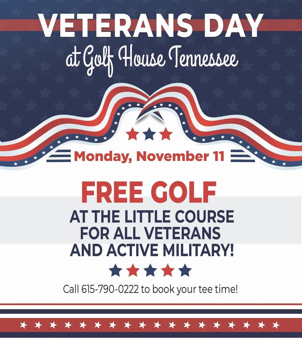 Golf House Tennessee thanks our military and veterans for their service to our country 🙏🏽 to show our appreciation, we want to invite them out to play The Little Course free of charge on Veterans Day this Monday.  You must have a tee time so call (615) 790-0222 to reserve your’s!