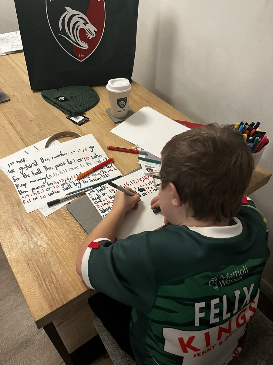 dj_wakeling's tweet photo. Great Day @LeicesterTigers and a great unexpected present from @hormann_uk - Felix has his own shirt !!! 
Got home and drew up a play sheet for the next game !!! https://t.co/s3uopdulJ3