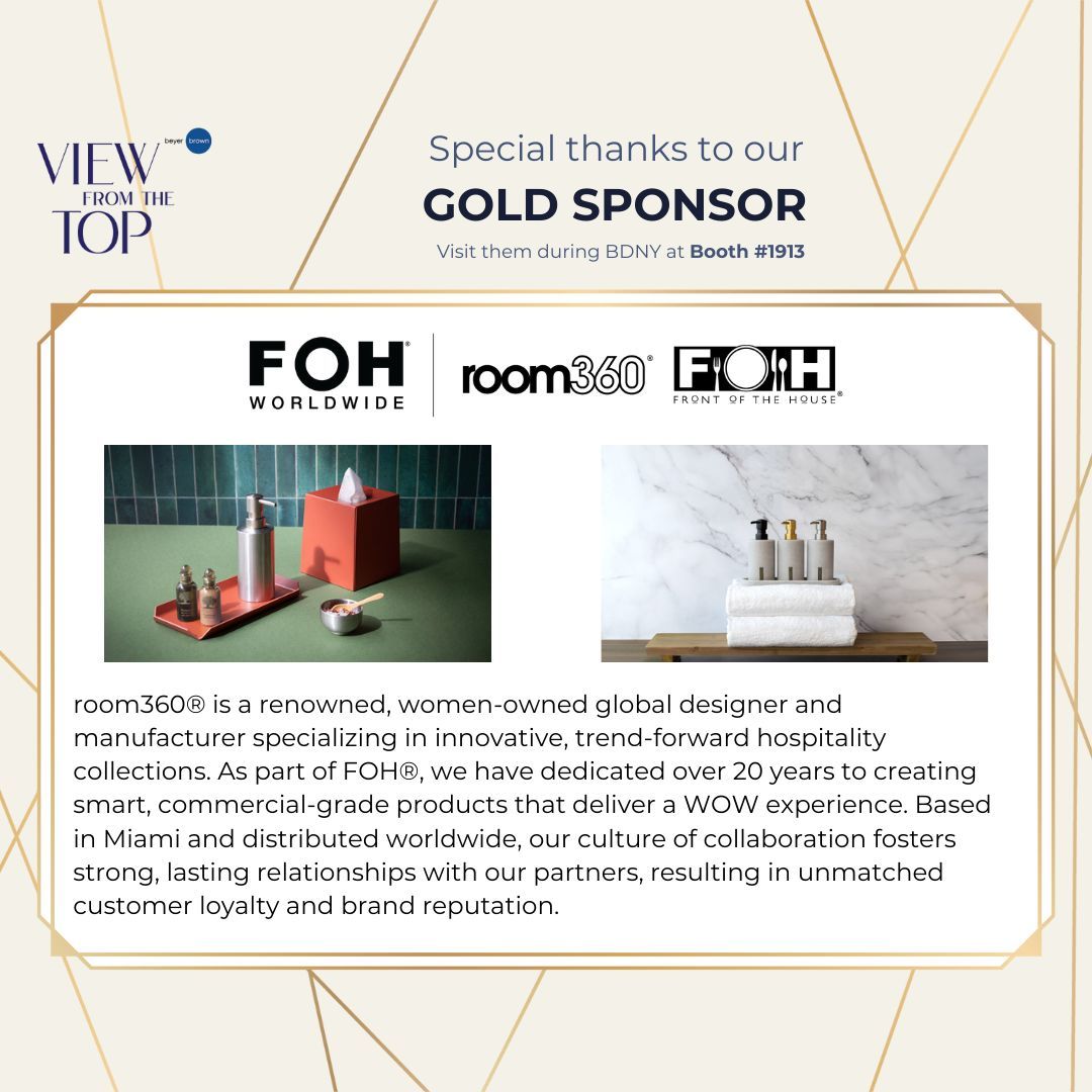 With just one day to go, we're highlighting all our Gold Sponsors for our #ViewFromTheTop event during #BDNY!

FOH/room360 has been a sponsor of this event since the first year, and we're happy to have them back! Check out their booth during BDNY at Booth #1913.

#VFTT24