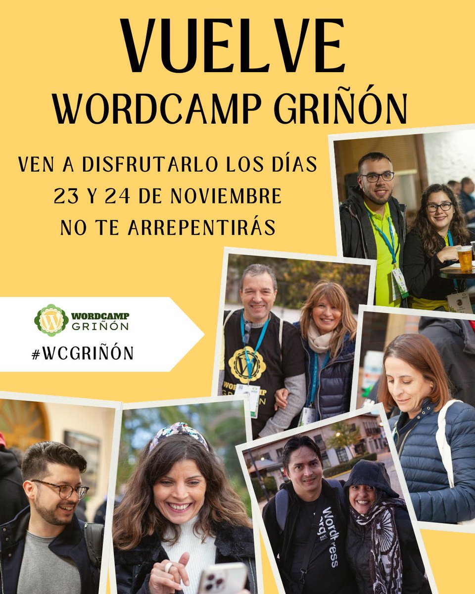 ¡No te quedes fuera!

Última oportunidad para asistir a WordCamp Griñón

Entradas limitadas, ¡y ya casi se acaban!

Aprovecha esta oportunidad única de aprender, conectar y crecer con los mejores profesionales del mundo WordPress.

Compra aquí: grinon.wordcamp.org/2024/tickets/

#WCGriñón