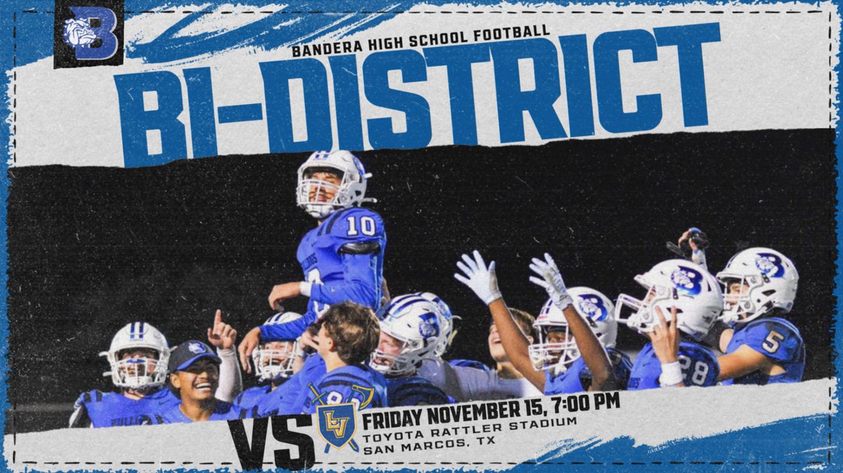 Bandera Football (@banderafb) on Twitter photo The Bulldogs are heading back to <a href="/SanMarcosCISD/">San Marcos CISD</a> Toyota Rattler Stadium!
Bandera vs. Lago Vista
Friday Nov. 15, 7:00 pm
Let's go Bulldogs!! #WeAreOne The Bulldogs are heading back to <a href="/SanMarcosCISD/">San Marcos CISD</a> Toyota Rattler Stadium!
Bandera vs. Lago Vista
Friday Nov. 15, 7:00 pm
Let's go Bulldogs!! #WeAreOne