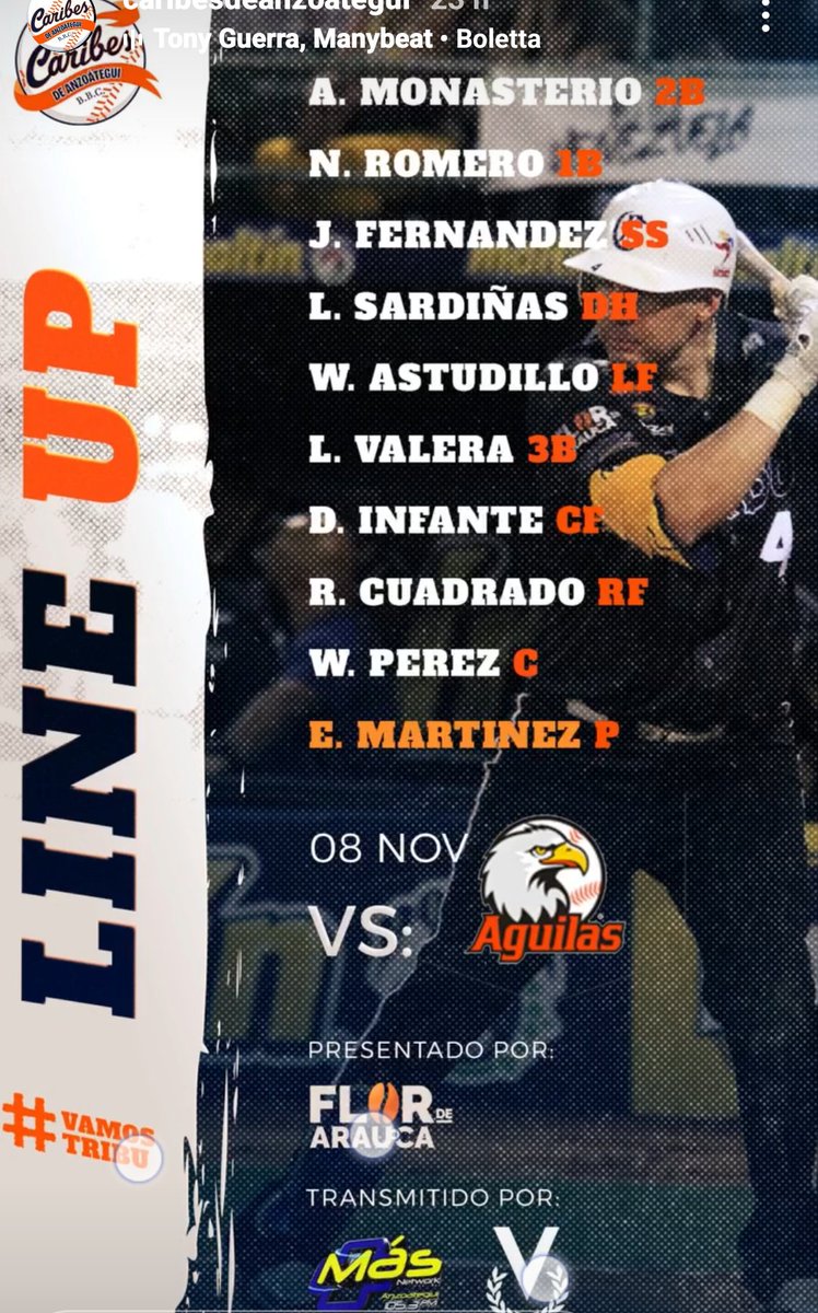 #CARIBES Line Up del juego de hoy vs <a href="/aguilasdelzulia/">Águilas del Zulia</a>