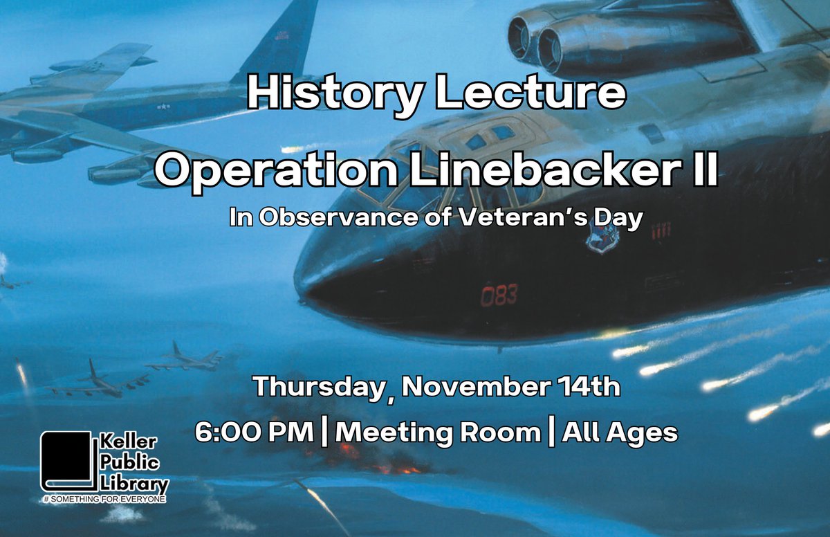 Hey everyone! Come on out to our meeting room on Thursday 11/14, at 6pm for our lecture on Operation Linebacker II, which occurred just a few months before the US's withdrawal from the Vietnam War. #somethingforeveryone