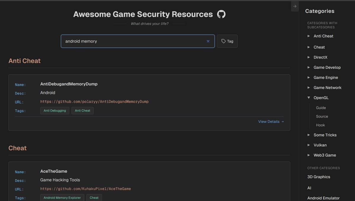 Now, you can easily retrieve some resources related to game security. Give it a try🙏
awesome-game-security-site.vercel.app