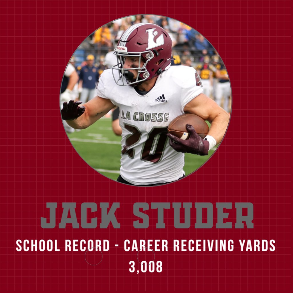 <a href="/UWLEagleFB/">UW-La Crosse Football</a> Jack Studer becomes the school leader in career receiving yards (3,008) after his 79-yard touchdown catch on Saturday. He breaks Scott Burnoski's (2001-04) record of 3,004.