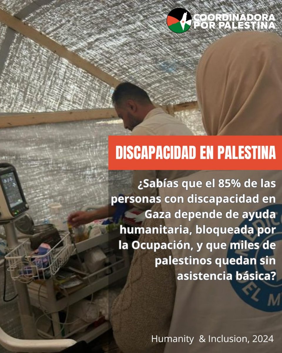 porpalestinaCL's tweet photo. ¿Sabías que el 85% de las personas con discapacidad en Gaza depende de ayuda humanitaria, bloqueada por la Ocupación, y que miles de palestinos quedan sin asistencia básica?
Fuente: Humanity &amp; Inclusion, 2024
#Discapacidad #IsraelCriminal https://t.co/4z8ALD9JTs