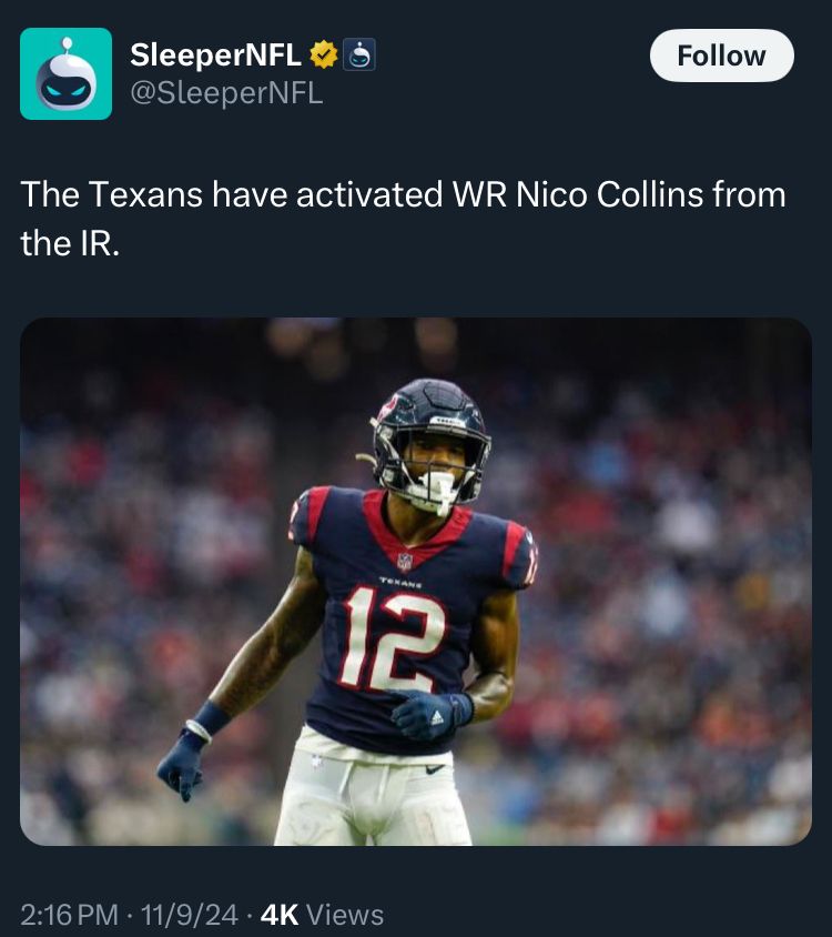 fflifeadvice's tweet photo. Keep an eye on his status there is no guarantee he plays. 
•
•
•
•
•
 #nfl #espn #nflnews #fantasyfootball #fantasyfootballadvice #fantasyfootballnews #Houston #Texans #houstontexans https://t.co/rnB24q505W