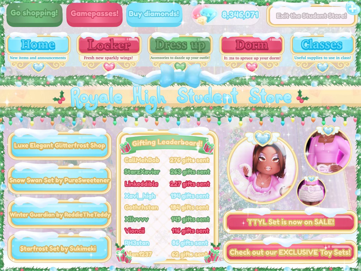 StarzXavier's tweet photo. ❄️Royale High Glitterfrost Shop rework concept!🎄
-added a new feature: Gifting leaderboard!🎁

⭐️this shop rework adds lots of decor and a fresh new look for the season!☃️
💖likes, follows, and retweets are appreciated!💖
#royalehigh #rhtc #royalehighglitterfrost https://t.co/fLt1HKxJ40